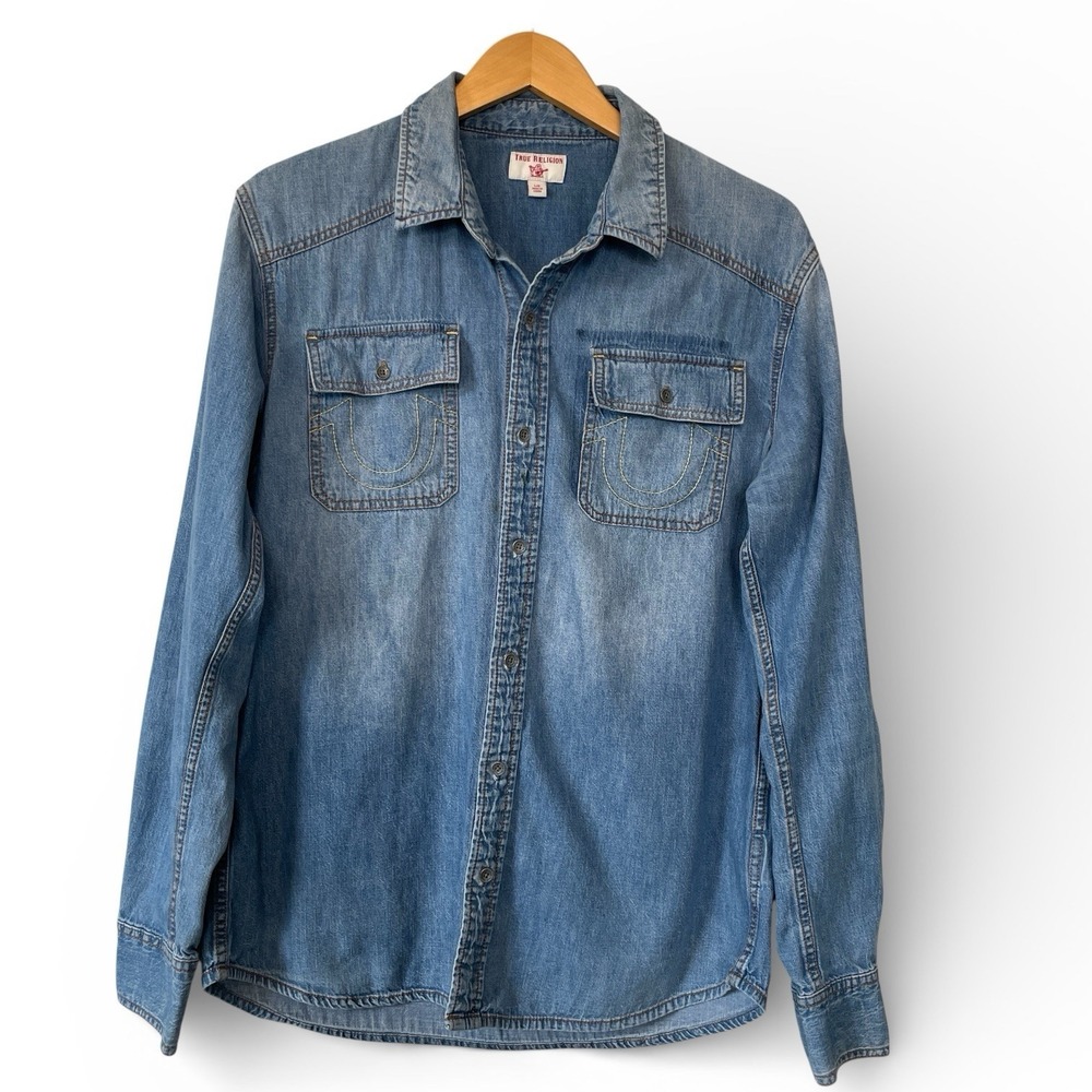 True Religion Chambray Long Sleeve Utility Shirt Mens L Cotton Western Normcore
